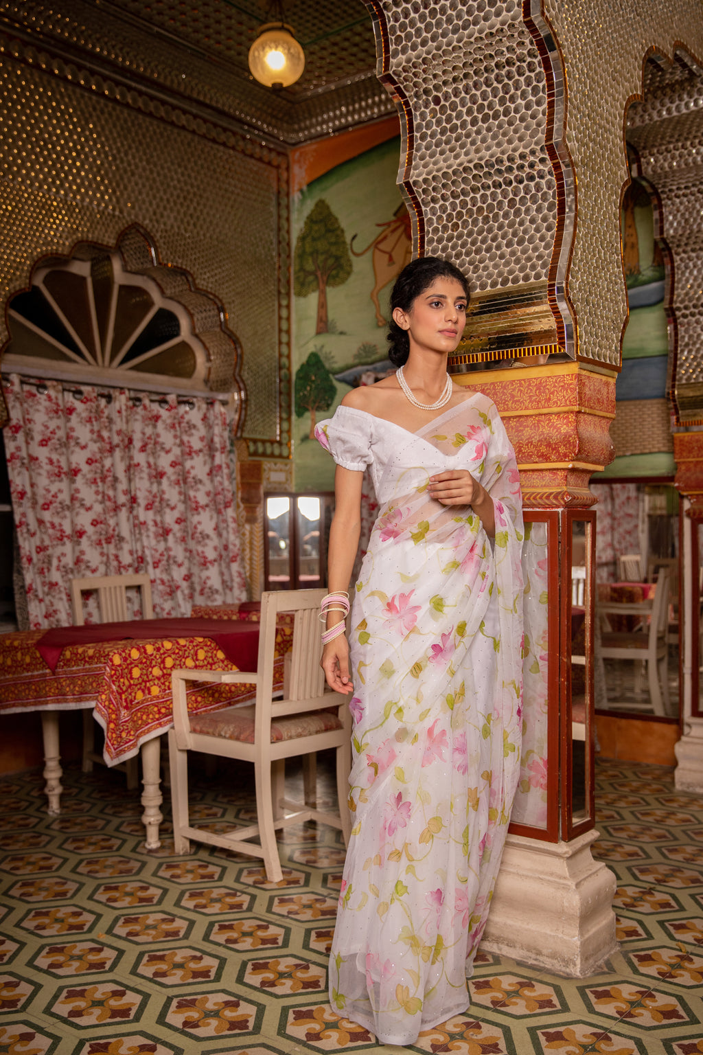 Jai Madaan In White Hand Painted Chiffon Saree With Mukaish Work