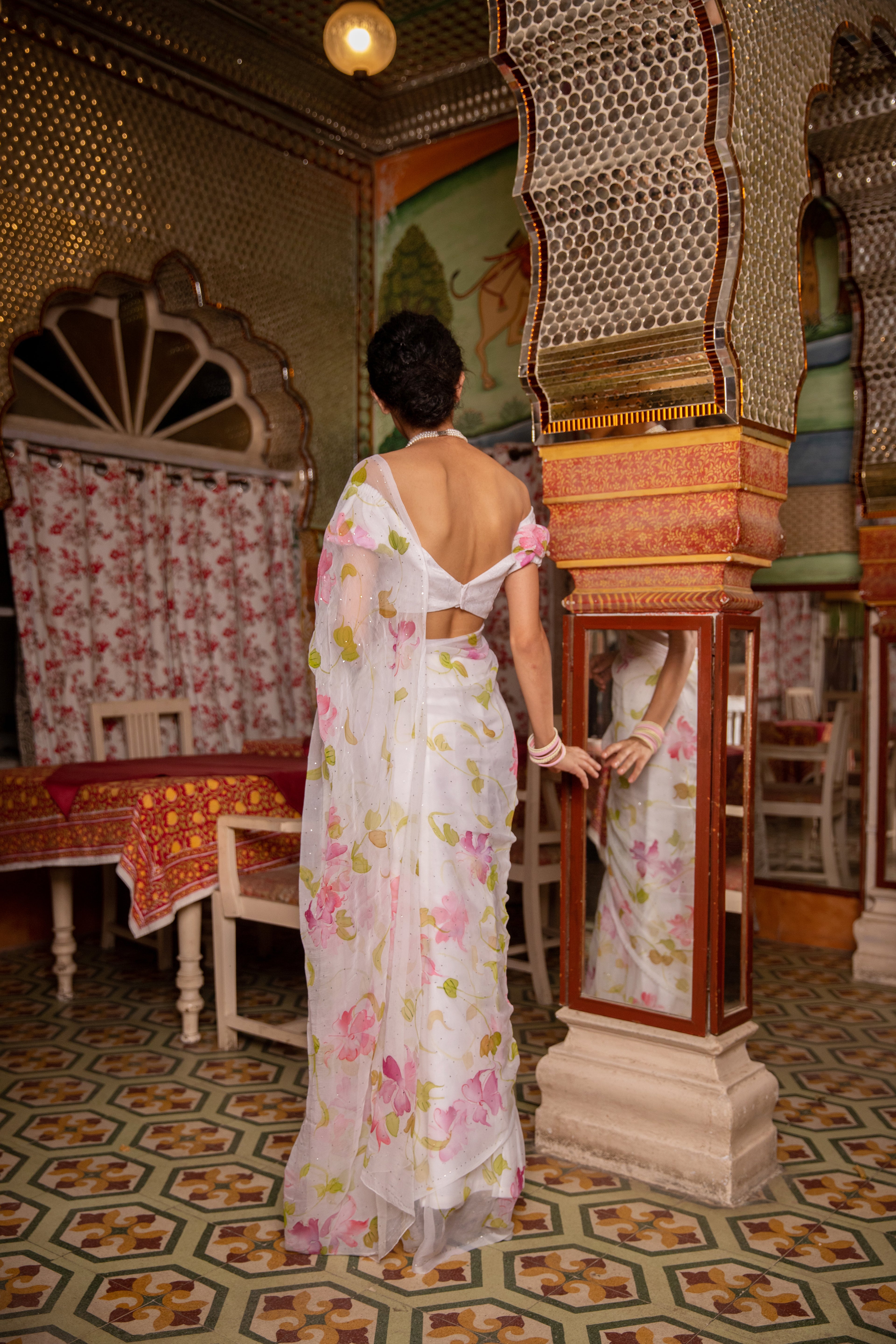 Jai Madaan In White Hand Painted Chiffon Saree With Mukaish Work
