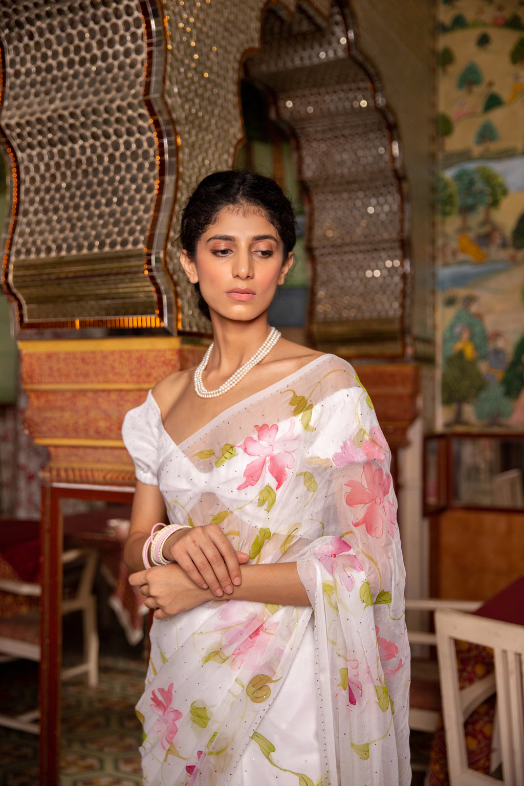 Jai Madaan In White Hand Painted Chiffon Saree With Mukaish Work