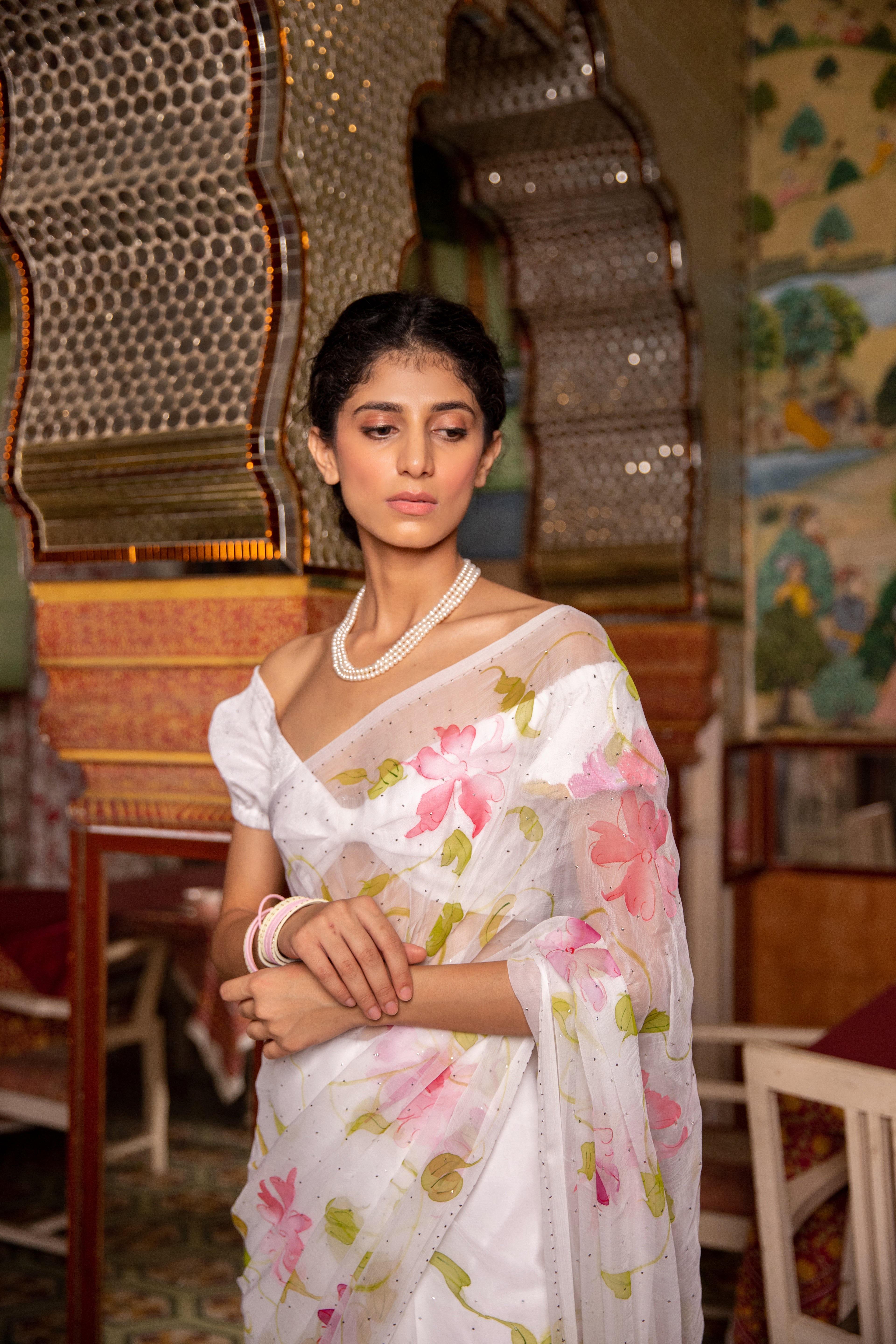 Jai Madaan In White Hand Painted Chiffon Saree With Mukaish Work