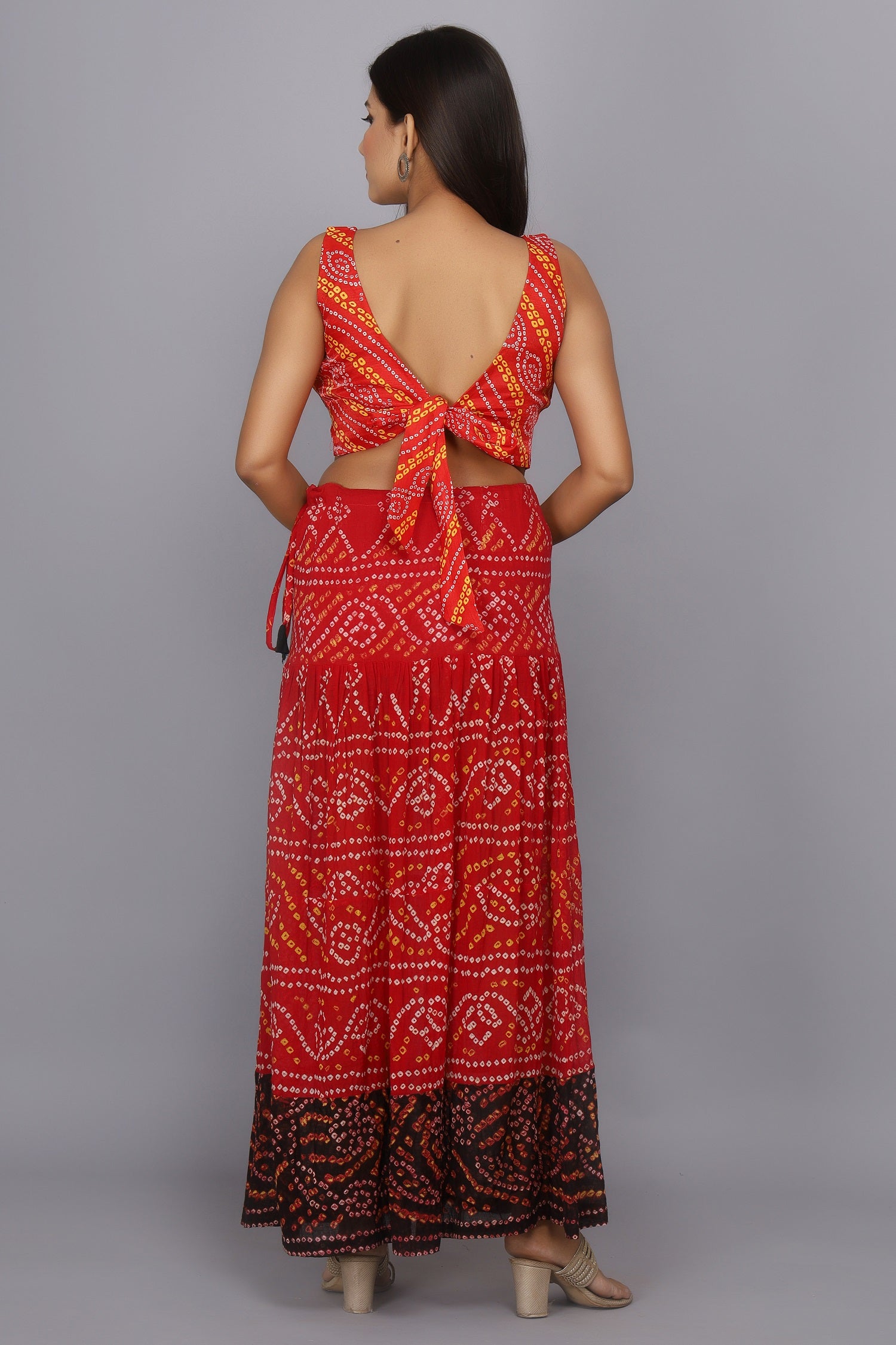 Red Hand Dyed Bandhani Pure Cotton Skirt Set