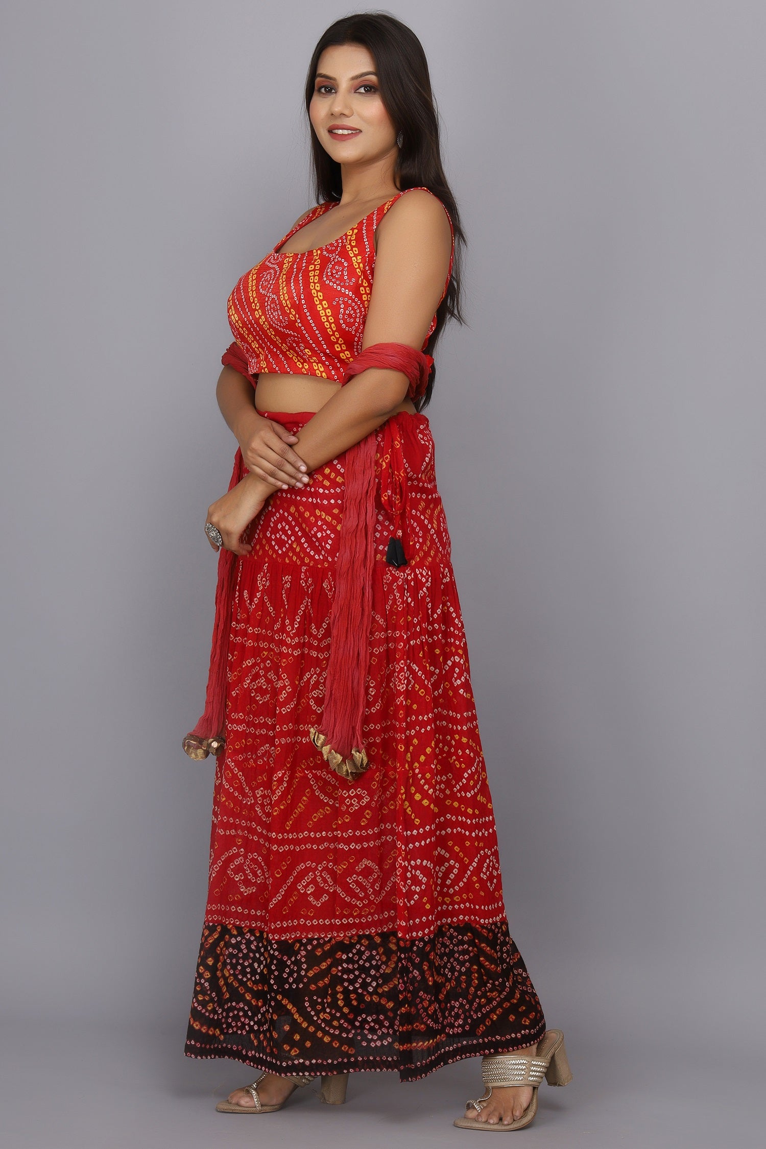 Red Hand Dyed Bandhani Pure Cotton Skirt Set
