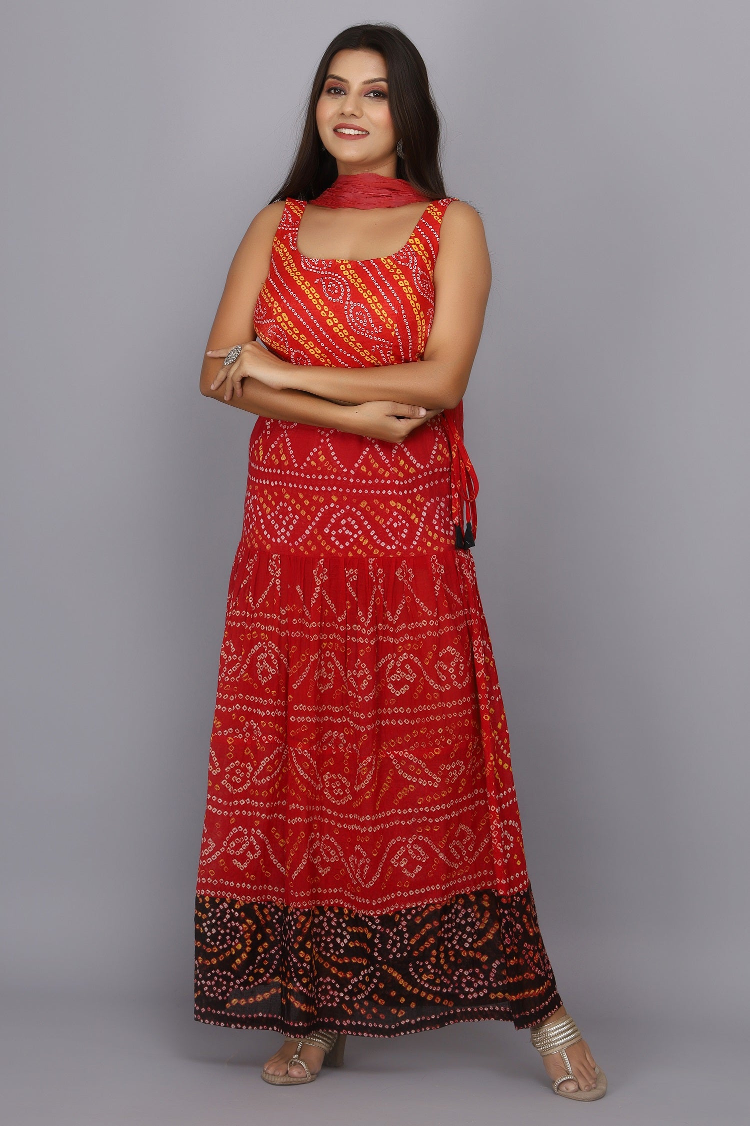 Red Hand Dyed Bandhani Pure Cotton Skirt Set