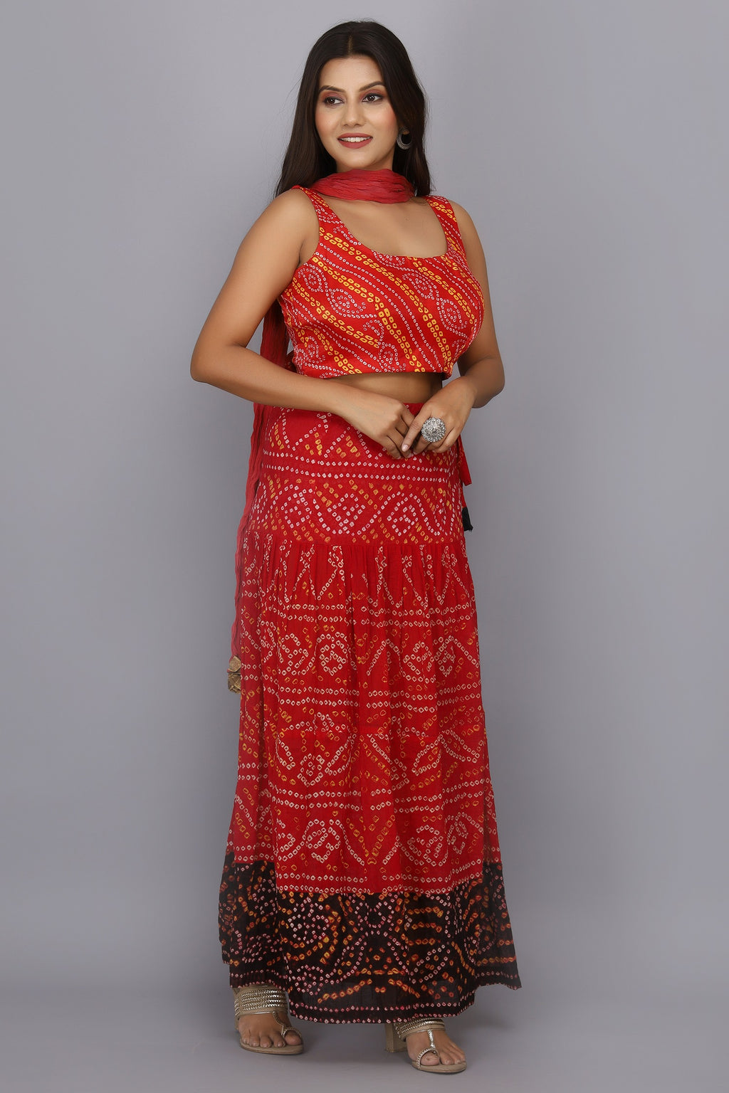 Red Hand Dyed Bandhani Pure Cotton Skirt Set