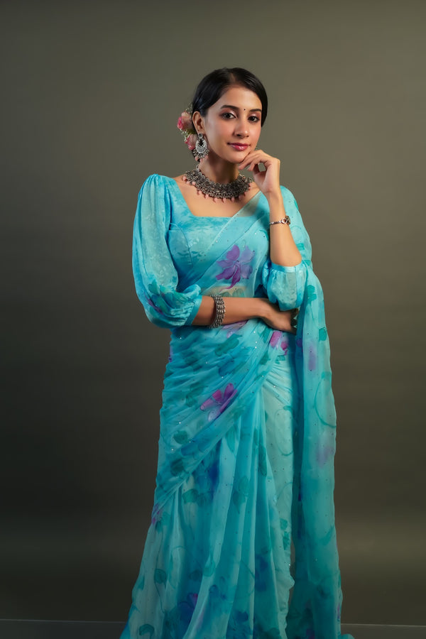 Blue Hand Painted Mukaish Chiffon Saree