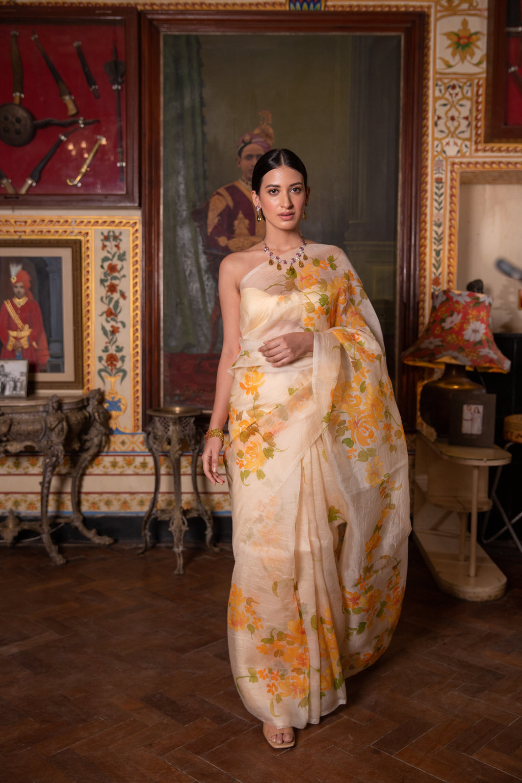 Beige Hand Painted Pure Organza Saree
