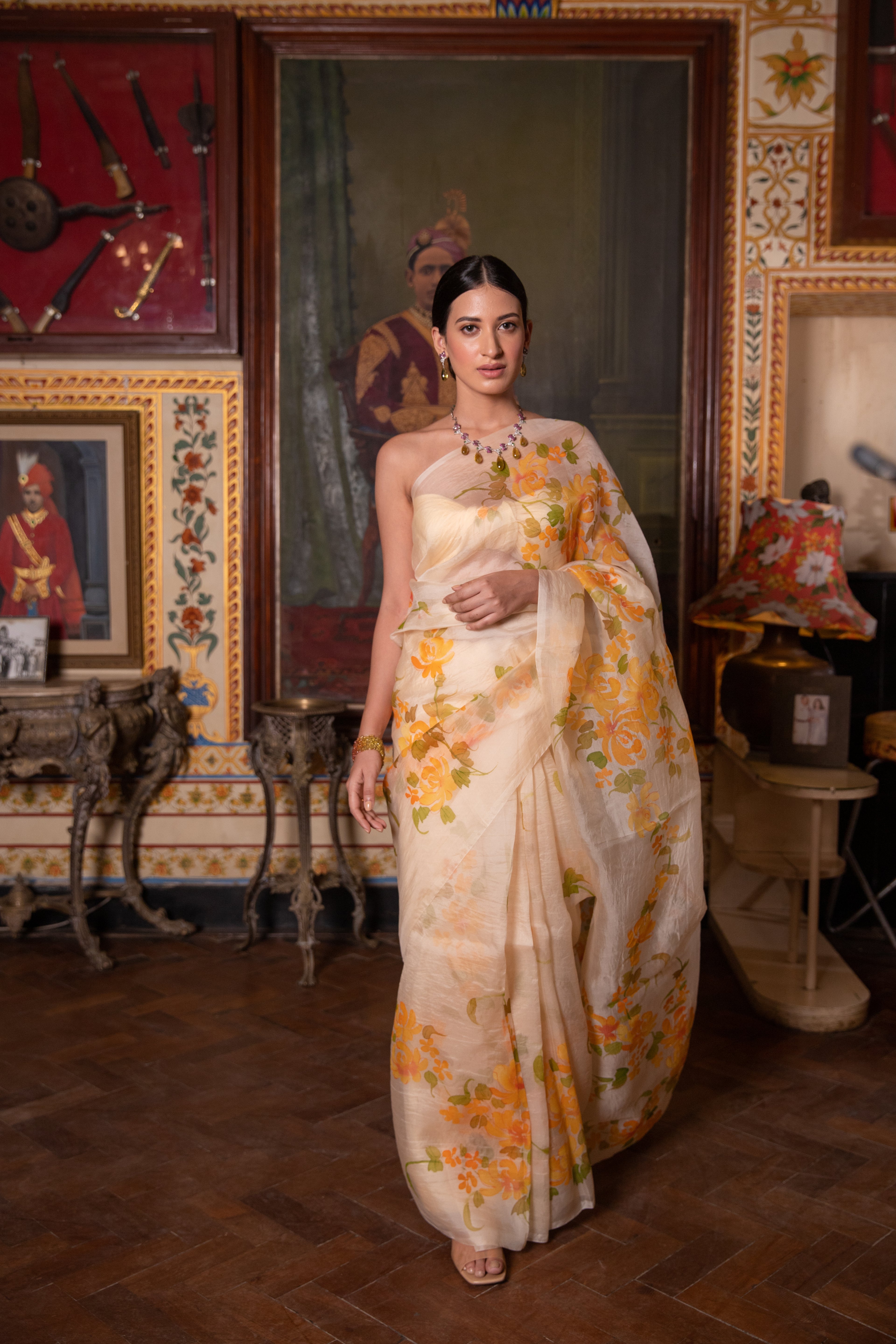 Beige Hand Painted Pure Organza Saree