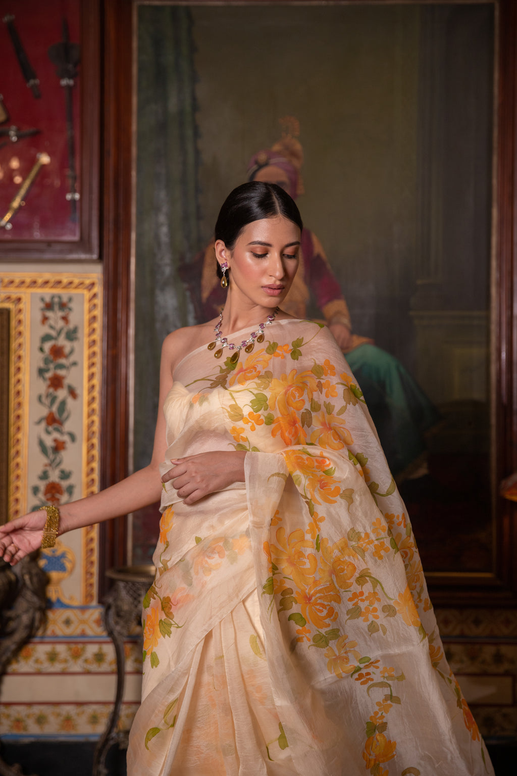 Beige Hand Painted Pure Organza Saree