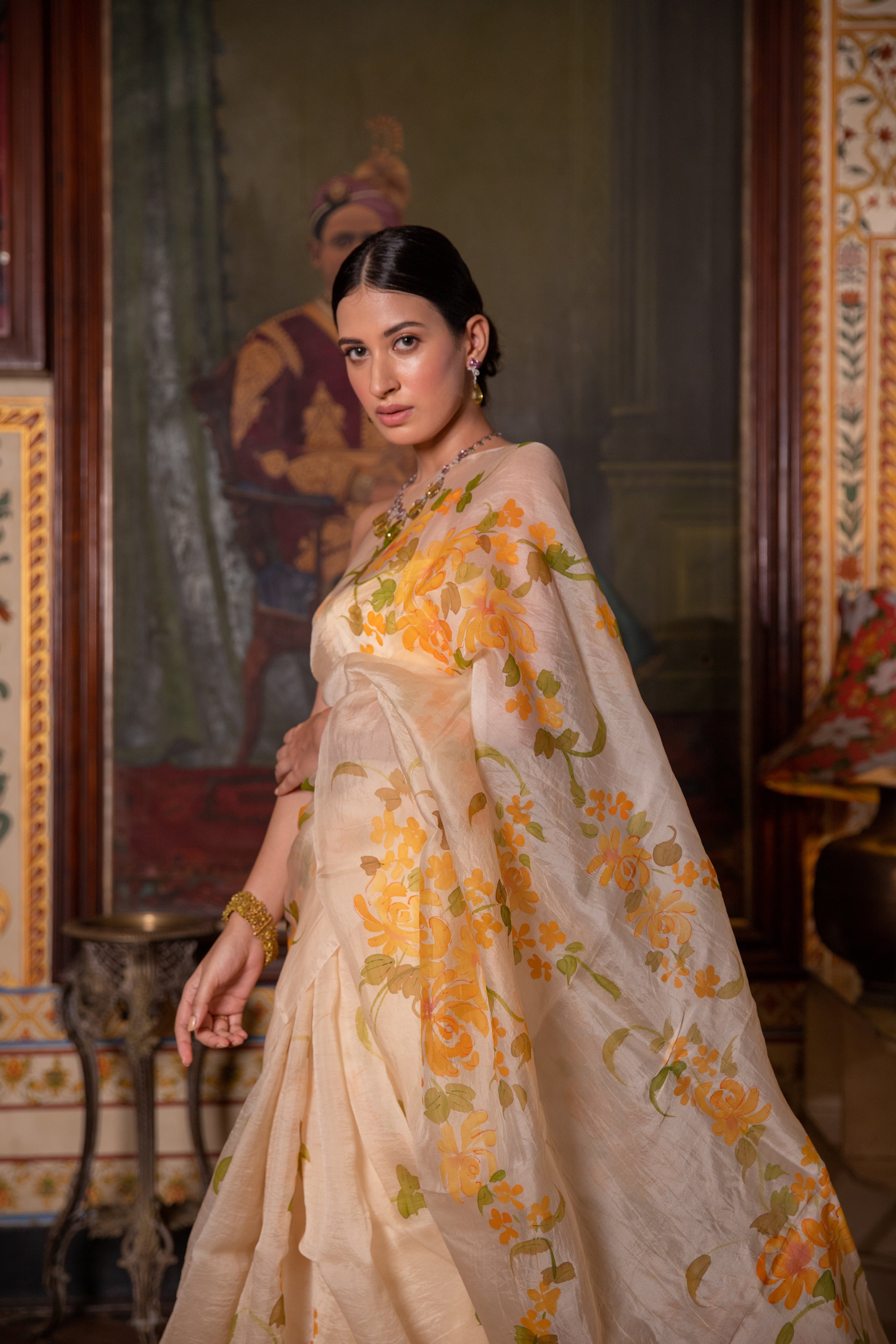 Beige Hand Painted Pure Organza Saree