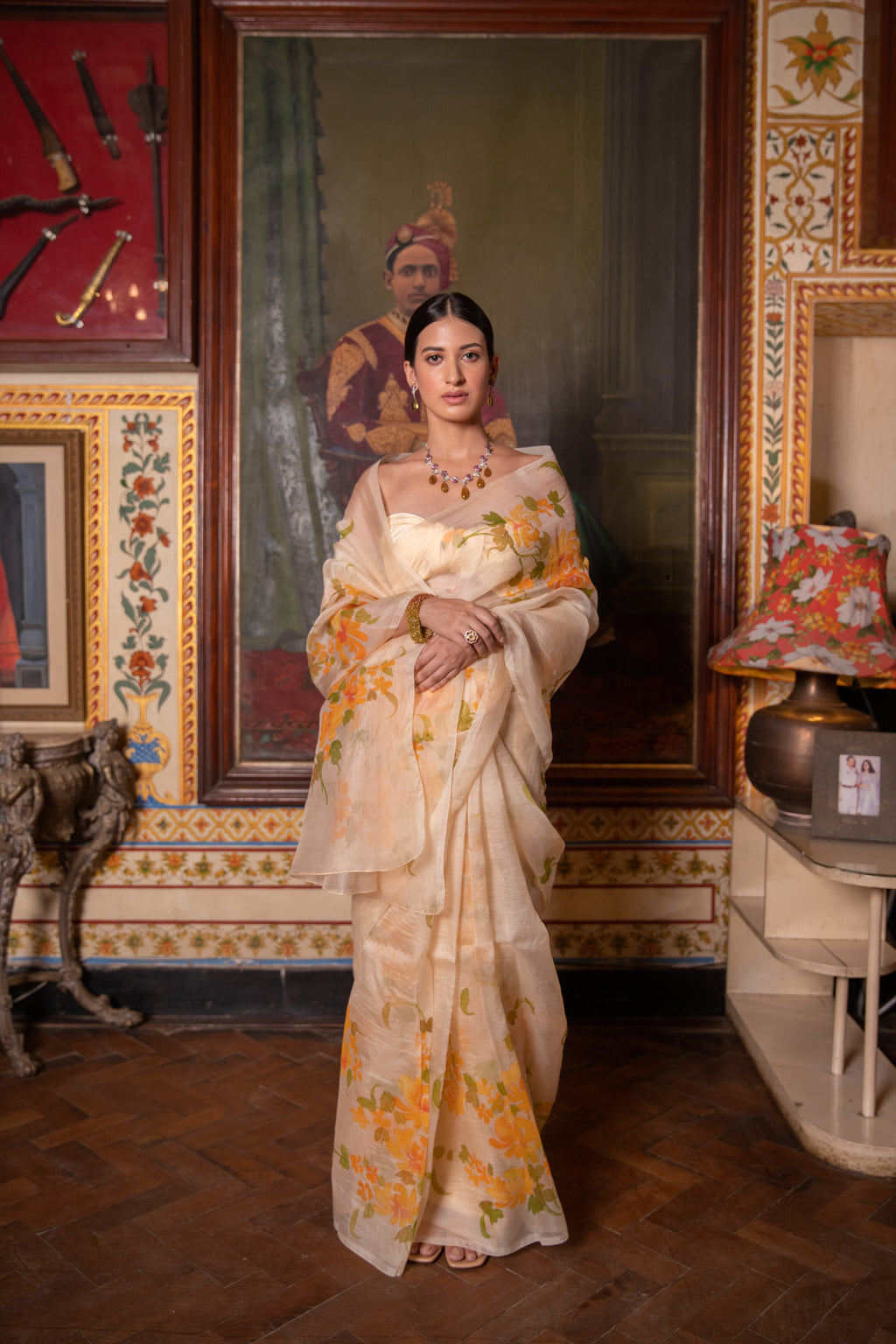 Beige Hand Painted Pure Organza Saree