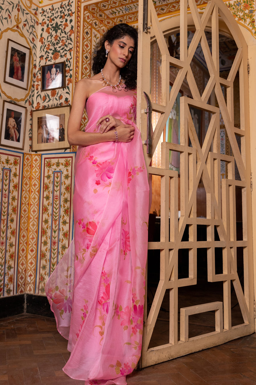 Pink Hand Painted Pure Floral Organza Saree