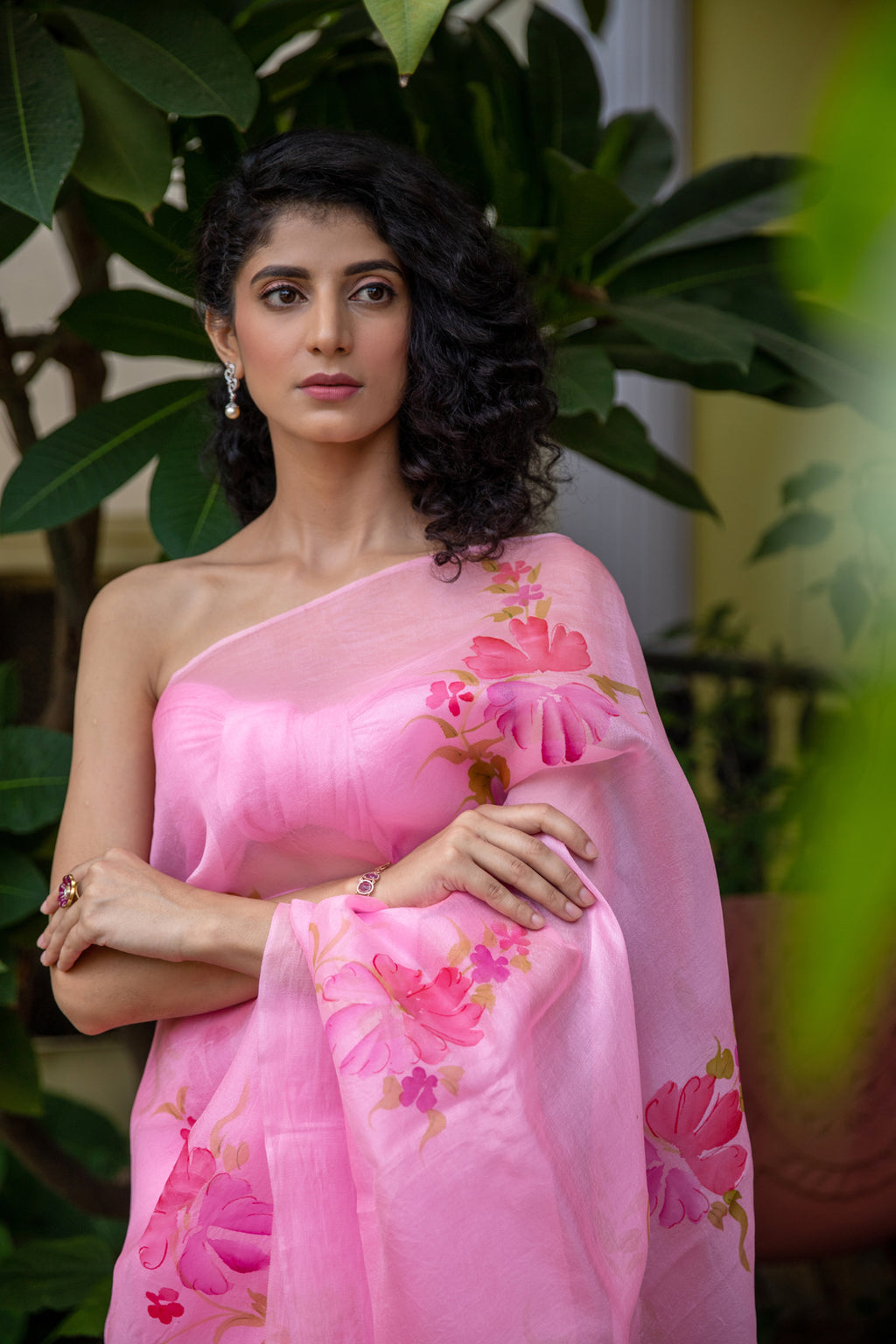 Pink Hand Painted Pure Floral Organza Saree