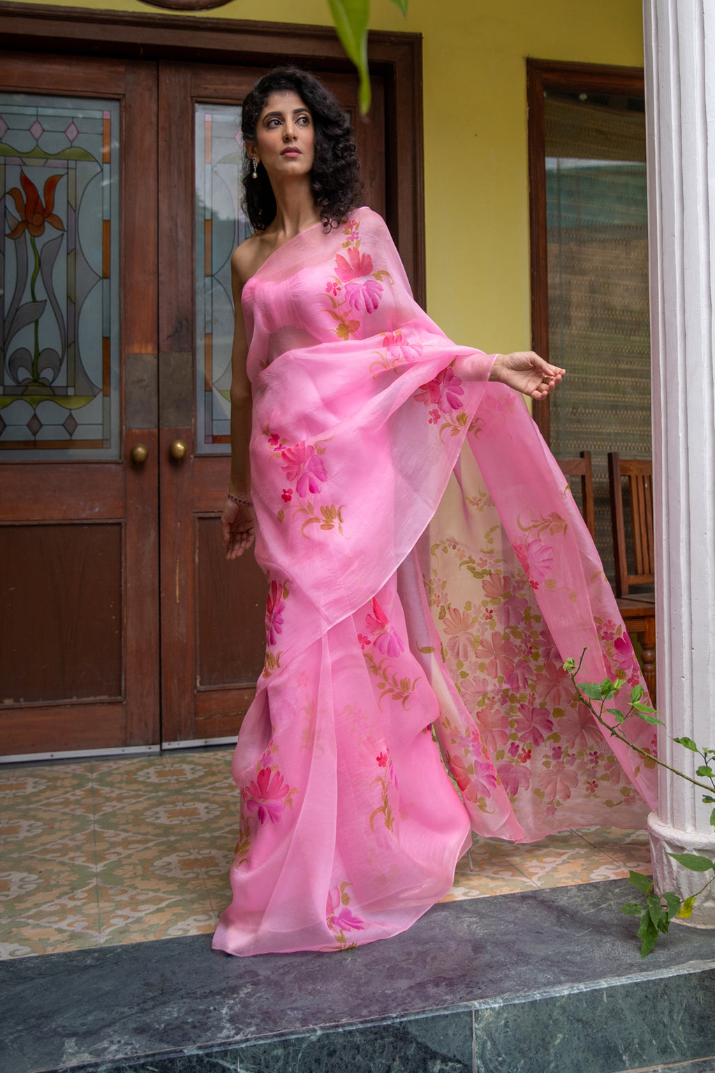Pink Hand Painted Pure Floral Organza Saree