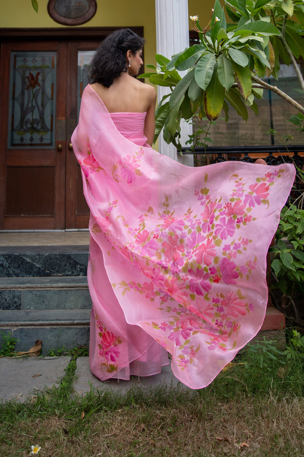 Pink Hand Painted Pure Floral Organza Saree