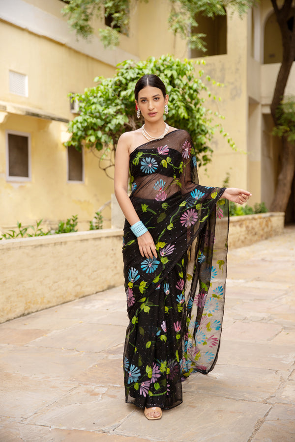 Black Hand Painted Chiffon Saree With Mukaish Work