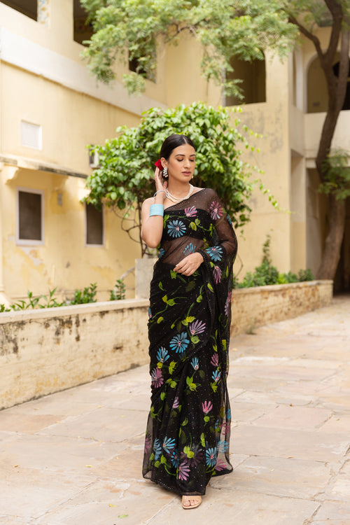 Black Hand Painted Chiffon Saree With Mukaish Work