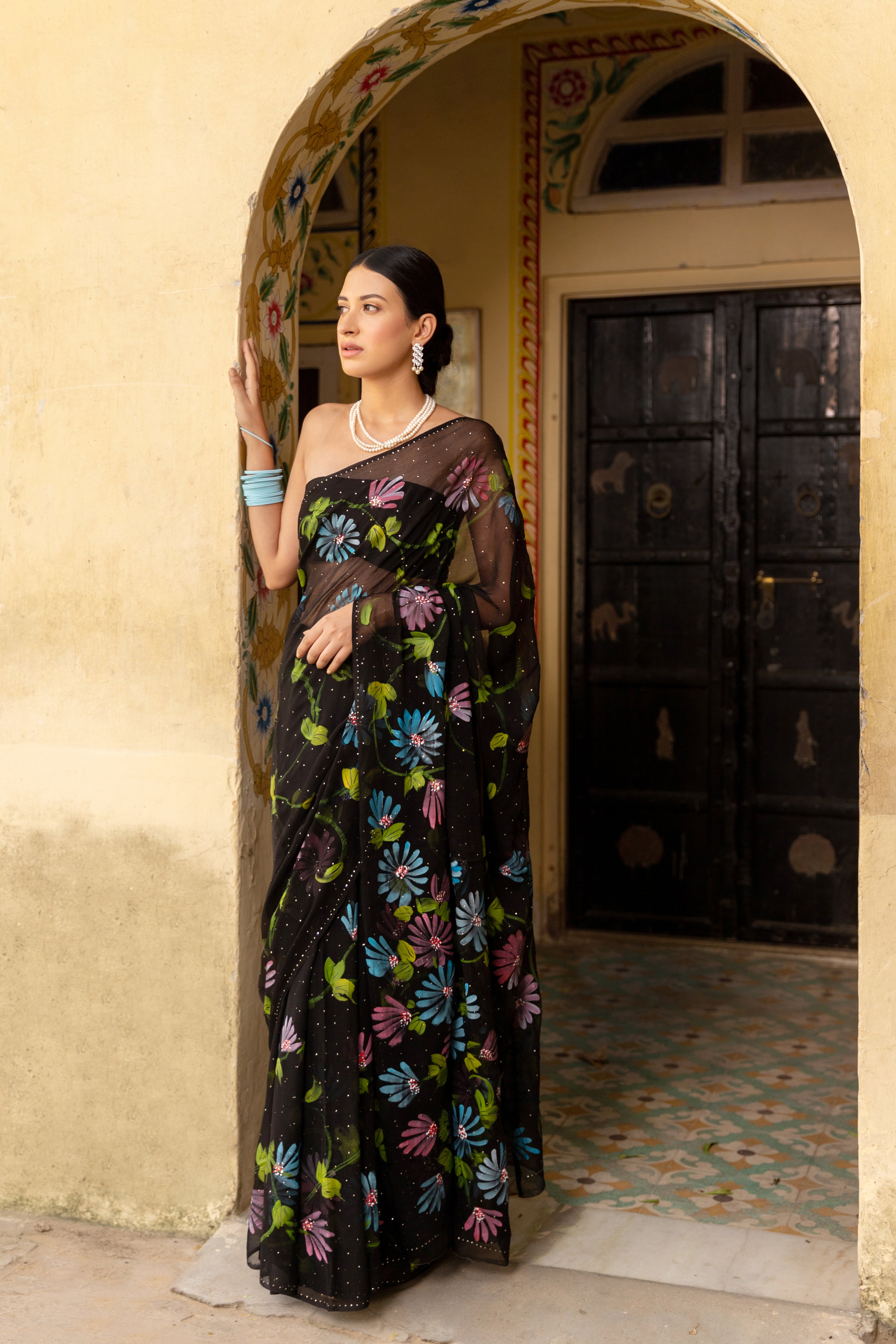 Black Hand Painted Chiffon Saree With Mukaish Work
