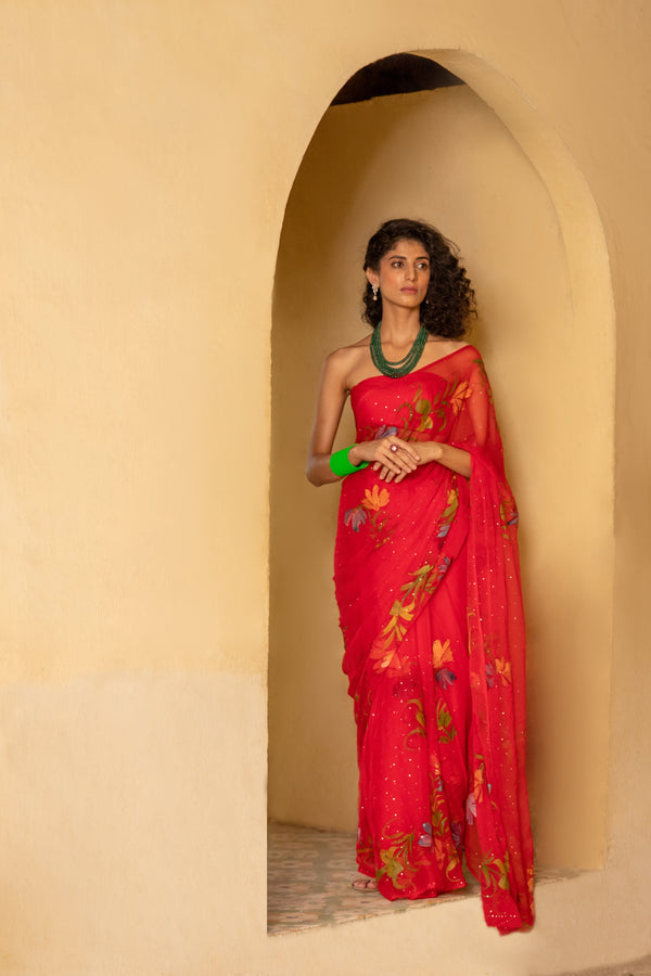 Red Hand Painted Chiffon Saree With Mukaish Work