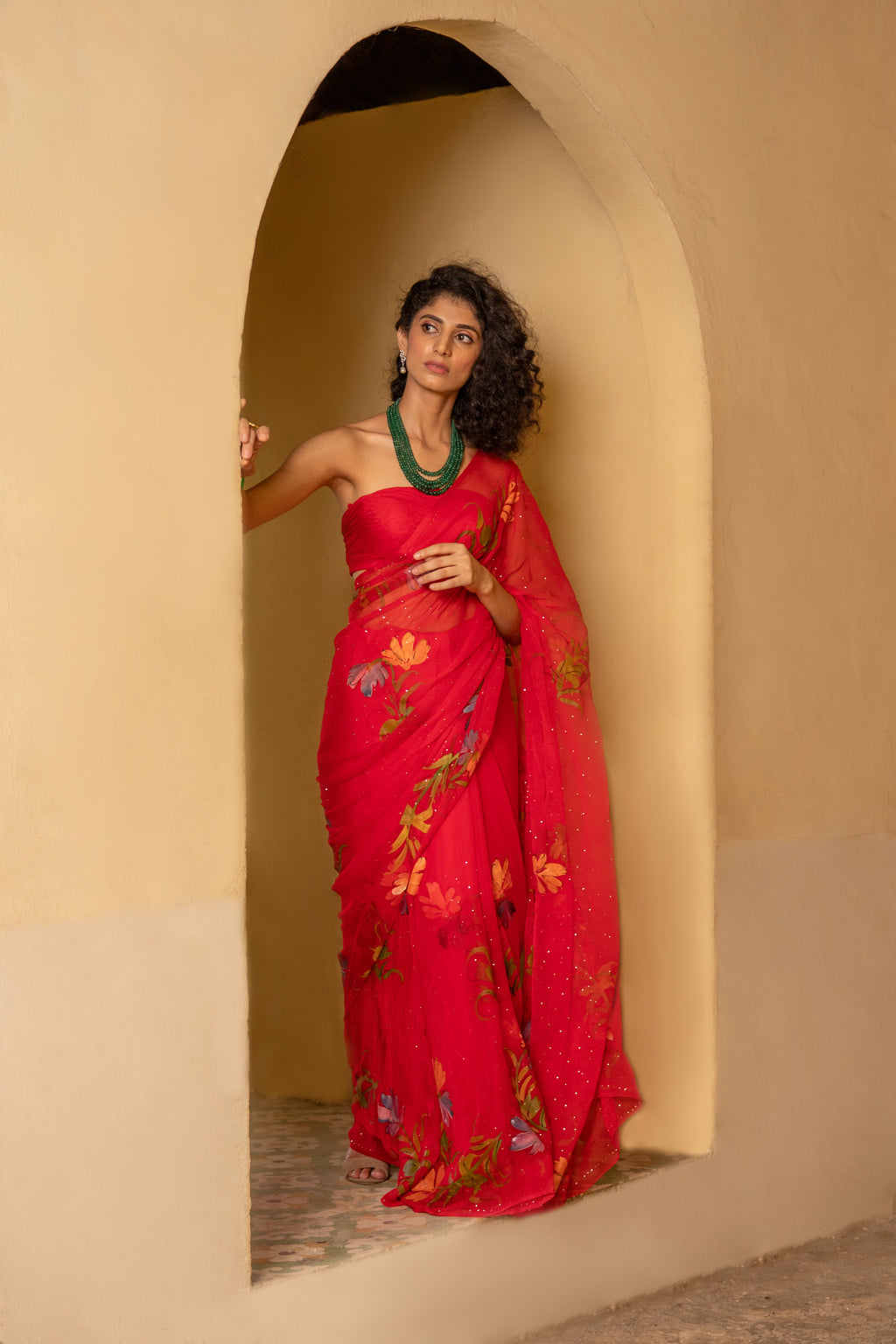 Red Hand-Painted Chiffon Saree