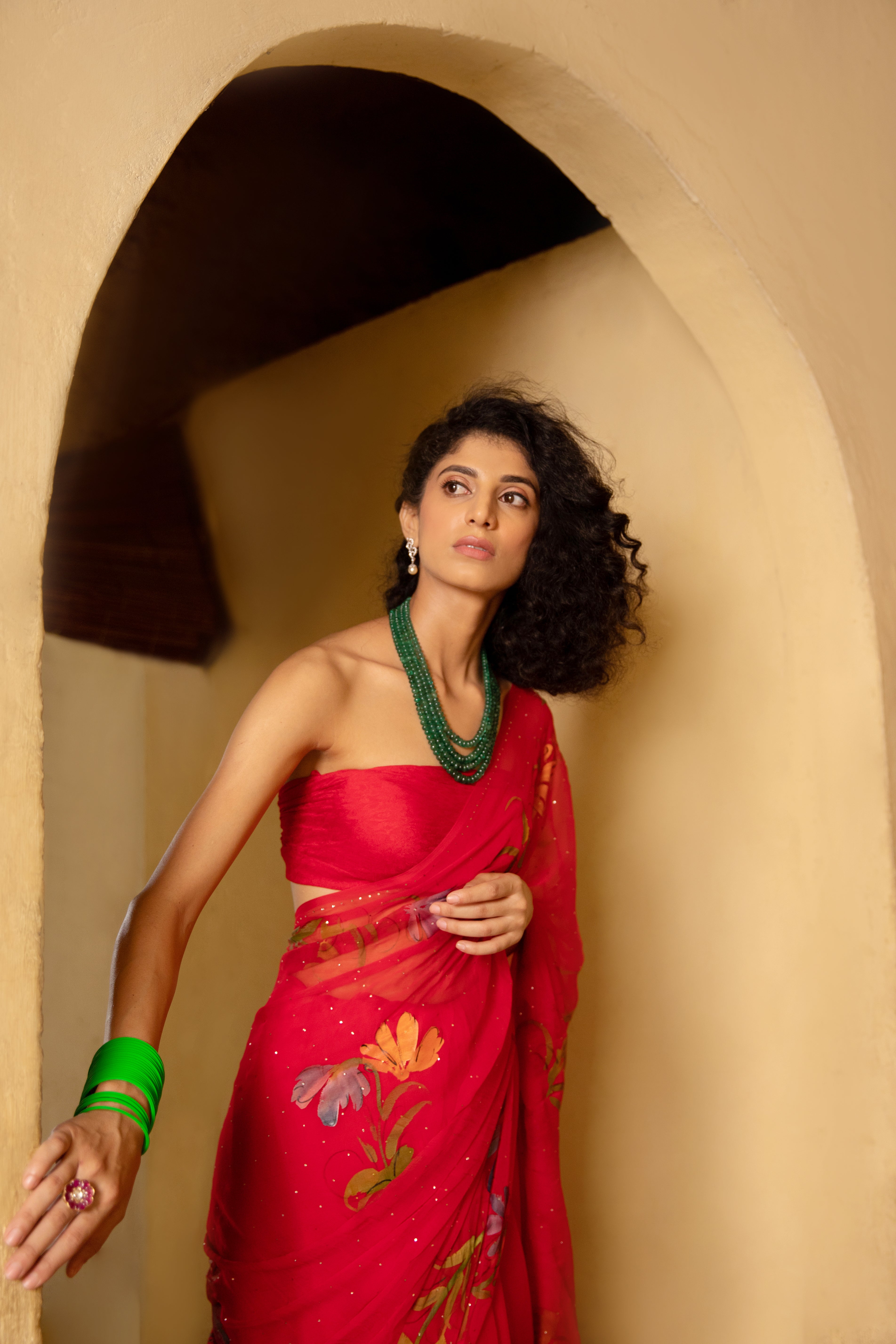 Red Hand-Painted Chiffon Saree