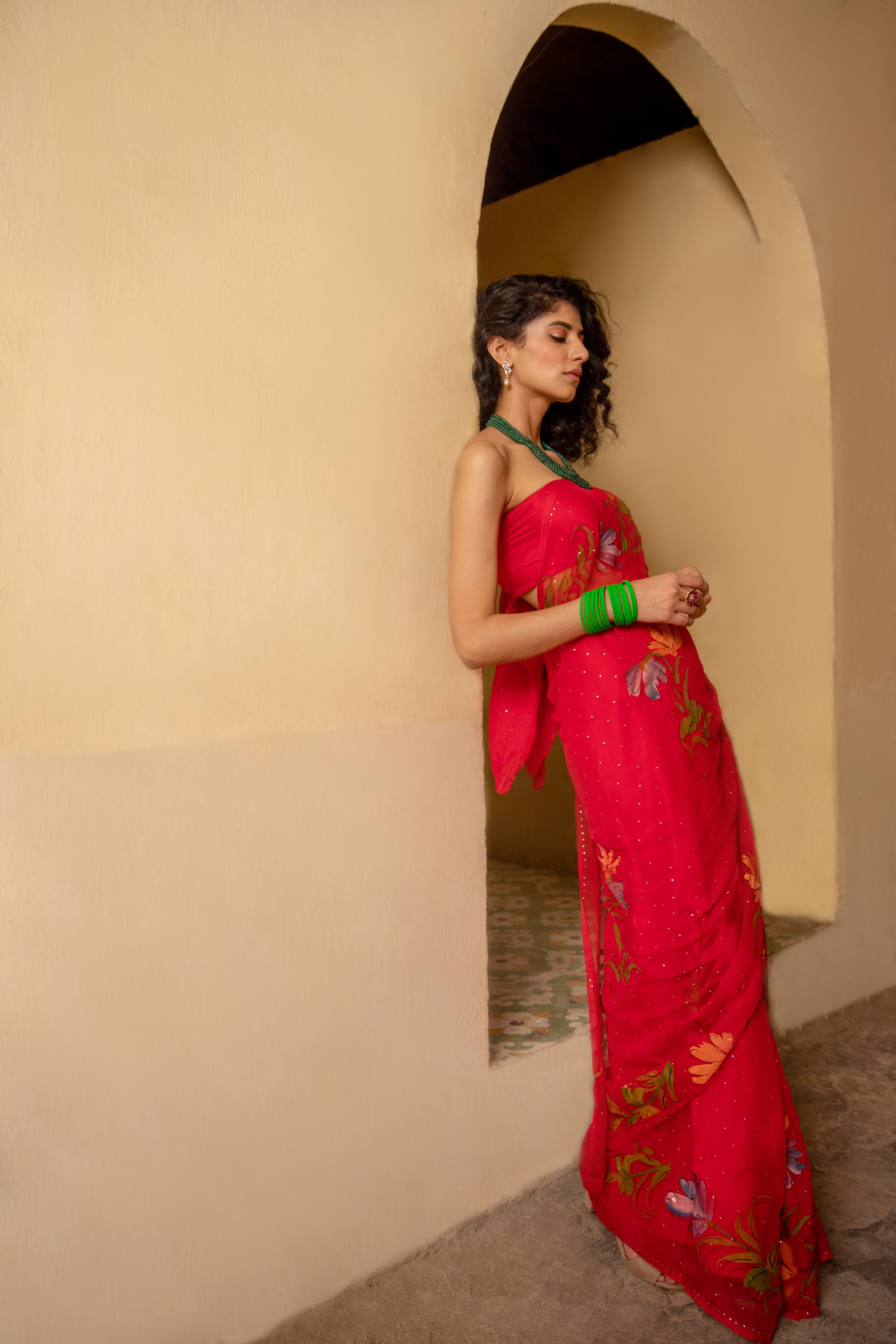 Red Hand-Painted Chiffon Saree