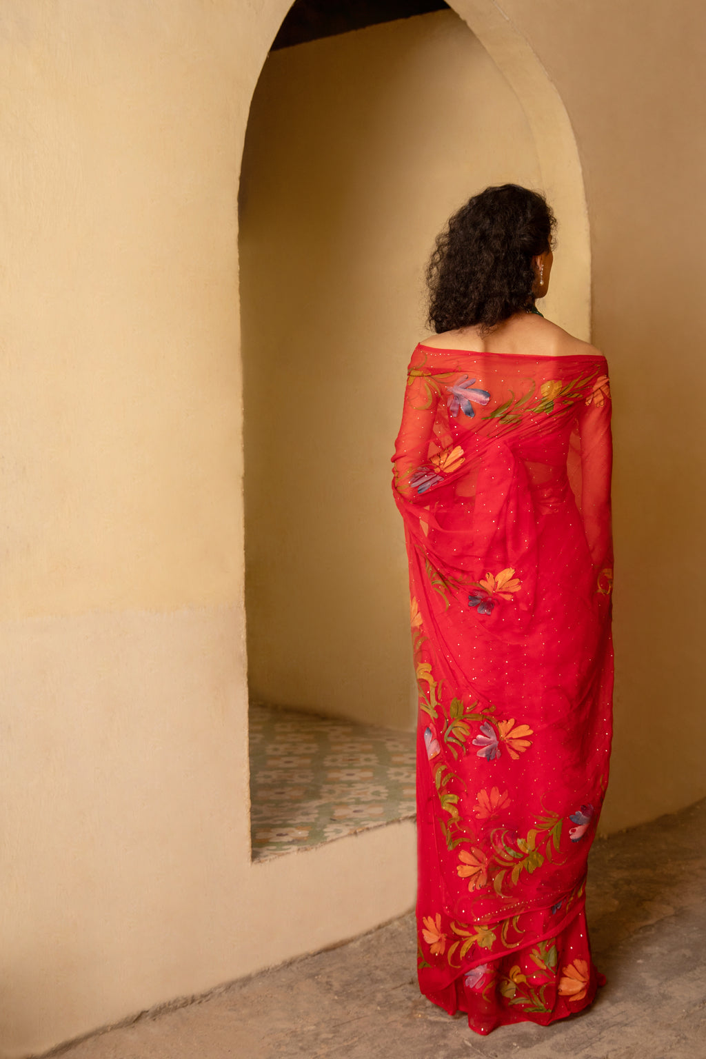 Red Hand-Painted Chiffon Saree