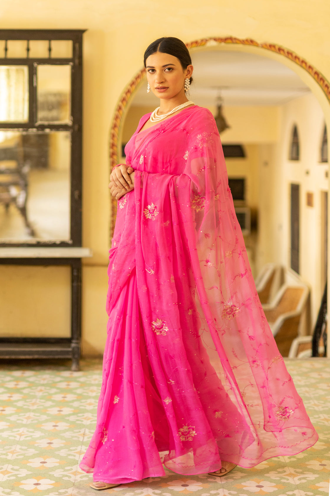 Pink Aari Work Chiffon Saree