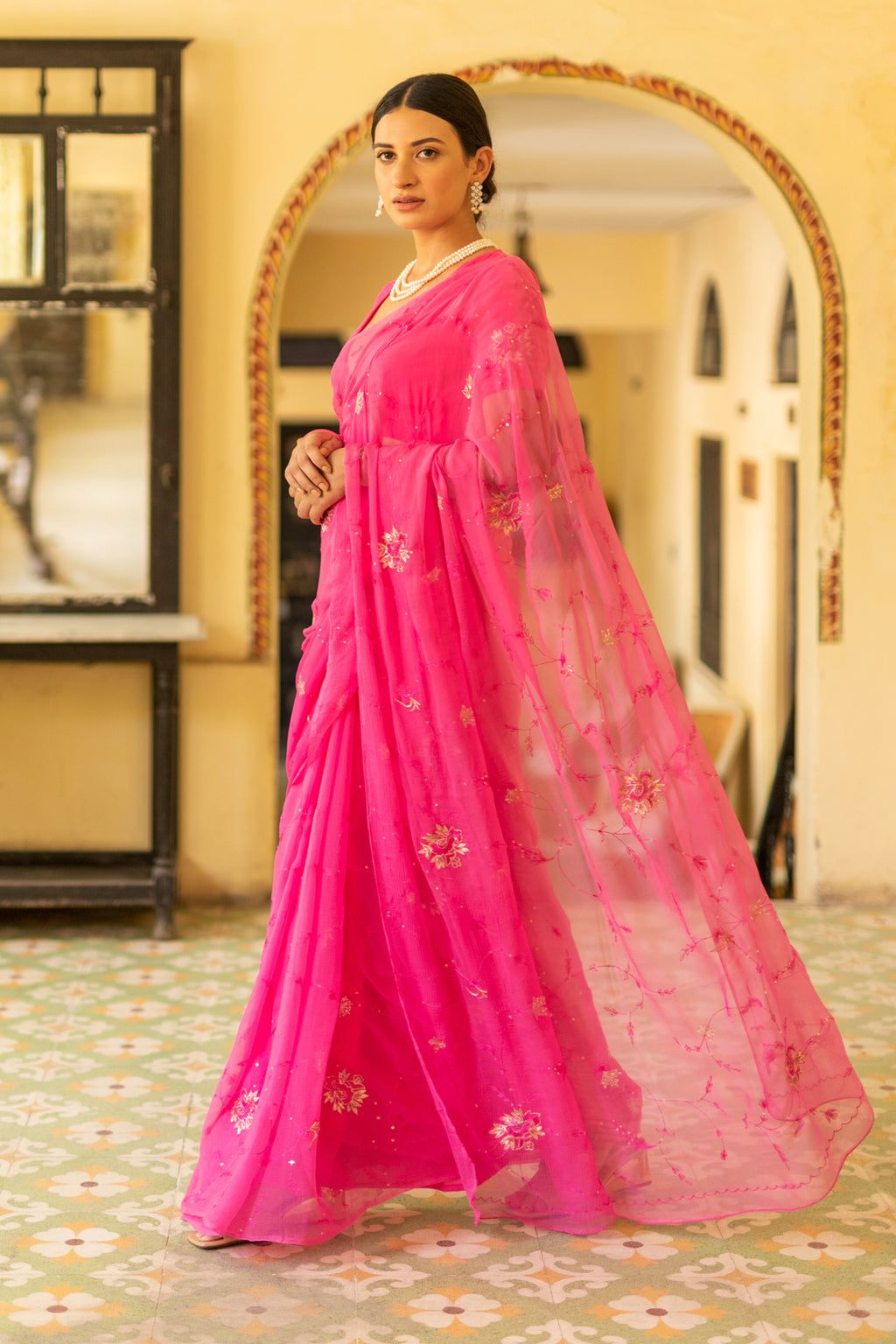Pink Aari Work Chiffon Saree