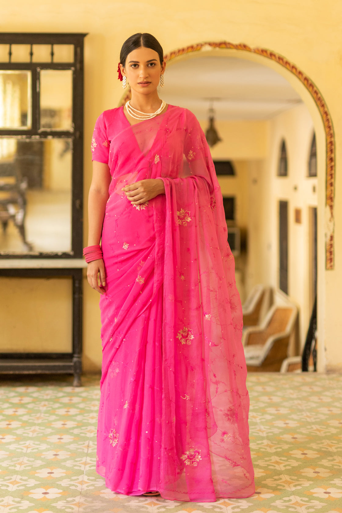 Pink Aari Work Chiffon Saree