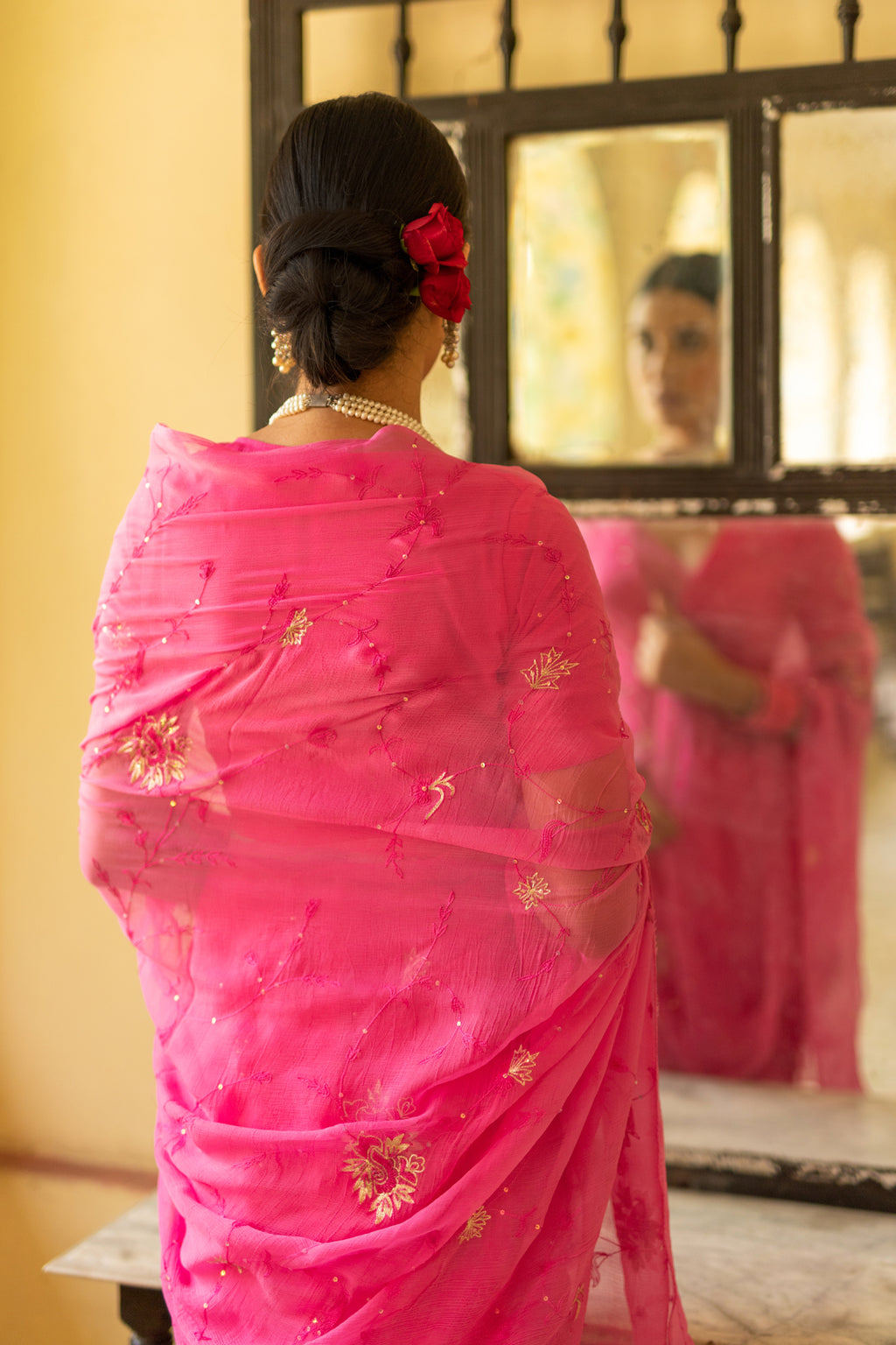 Pink Aari Work Chiffon Saree