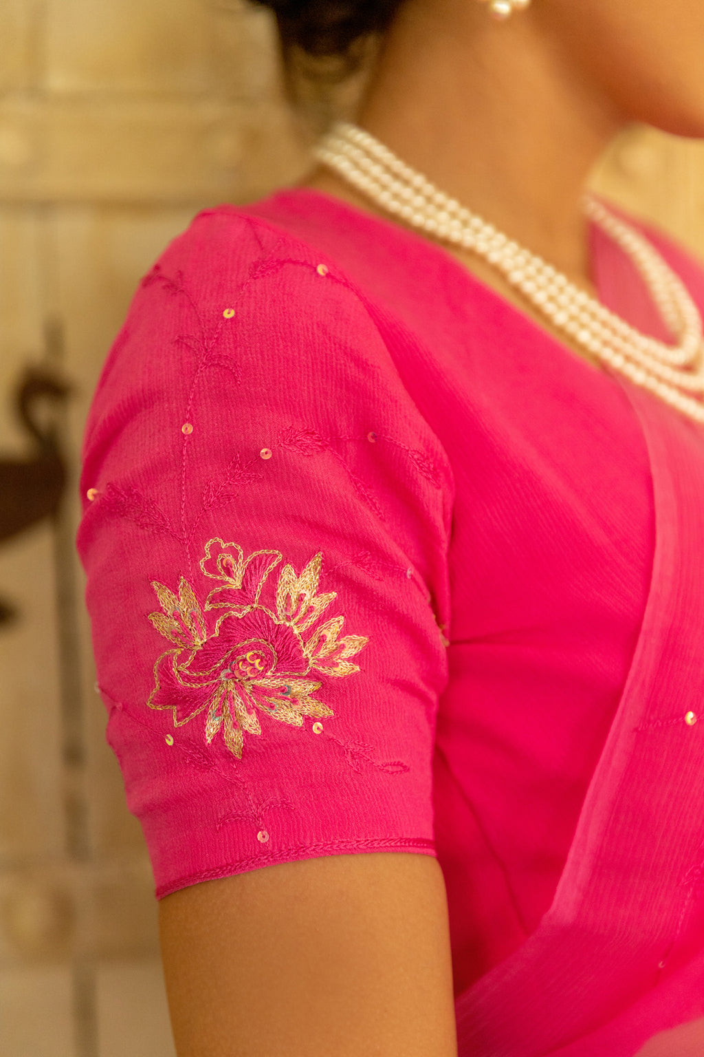 Pink Aari Work Chiffon Saree