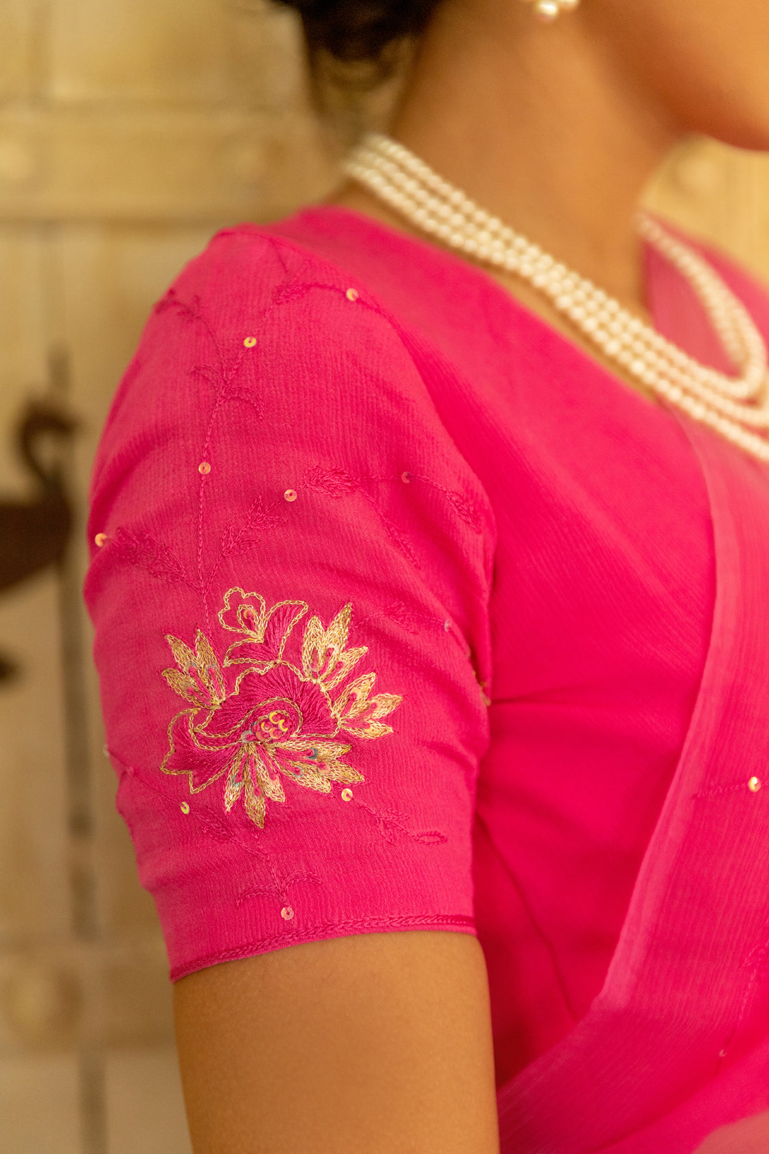 Pink Aari Work Chiffon Saree