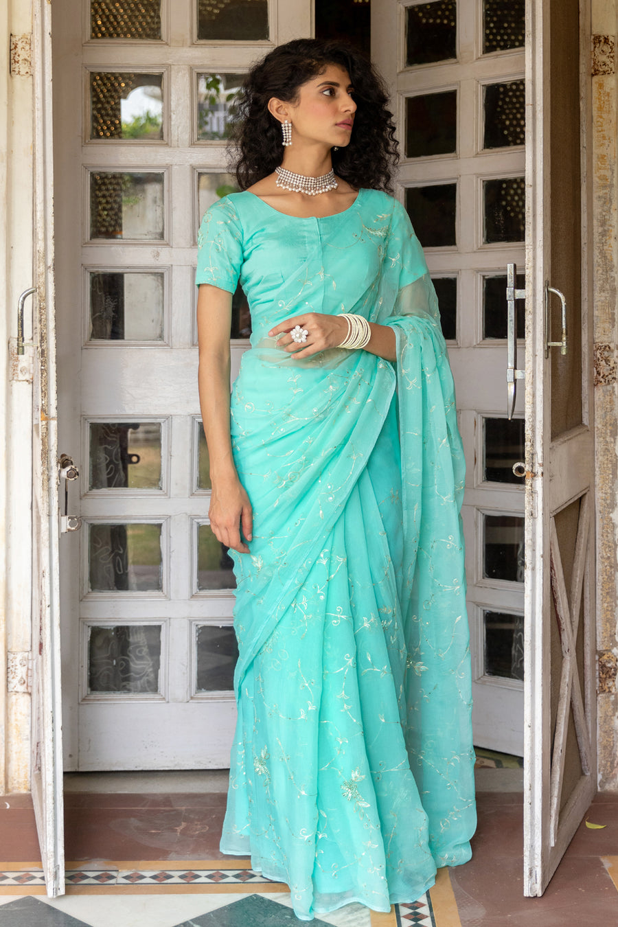 Blue Chiffon Hand Embroidered Aari Saree