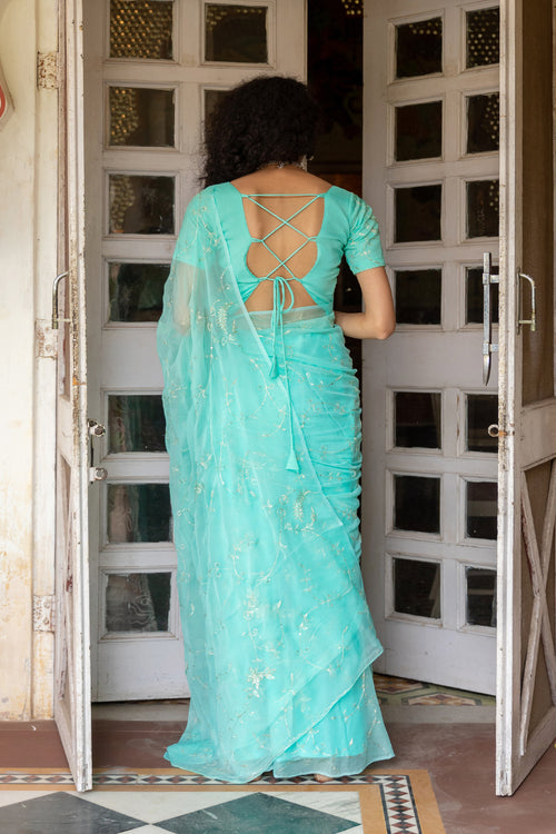 Blue Chiffon Hand Embroidered Aari Saree