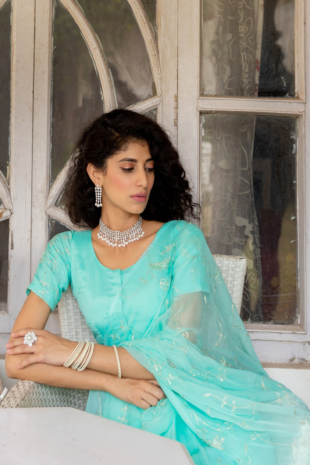 Blue Chiffon Hand Embroidered Aari Saree