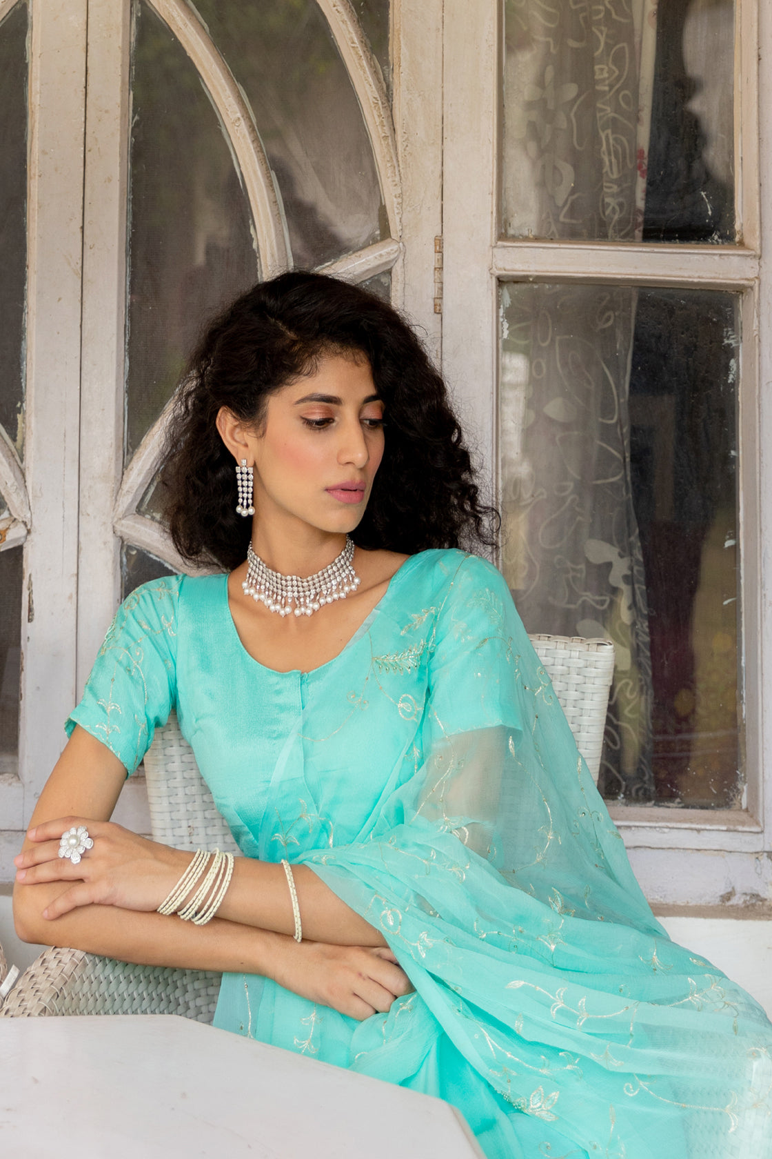 Blue Chiffon Hand Embroidered Aari Saree