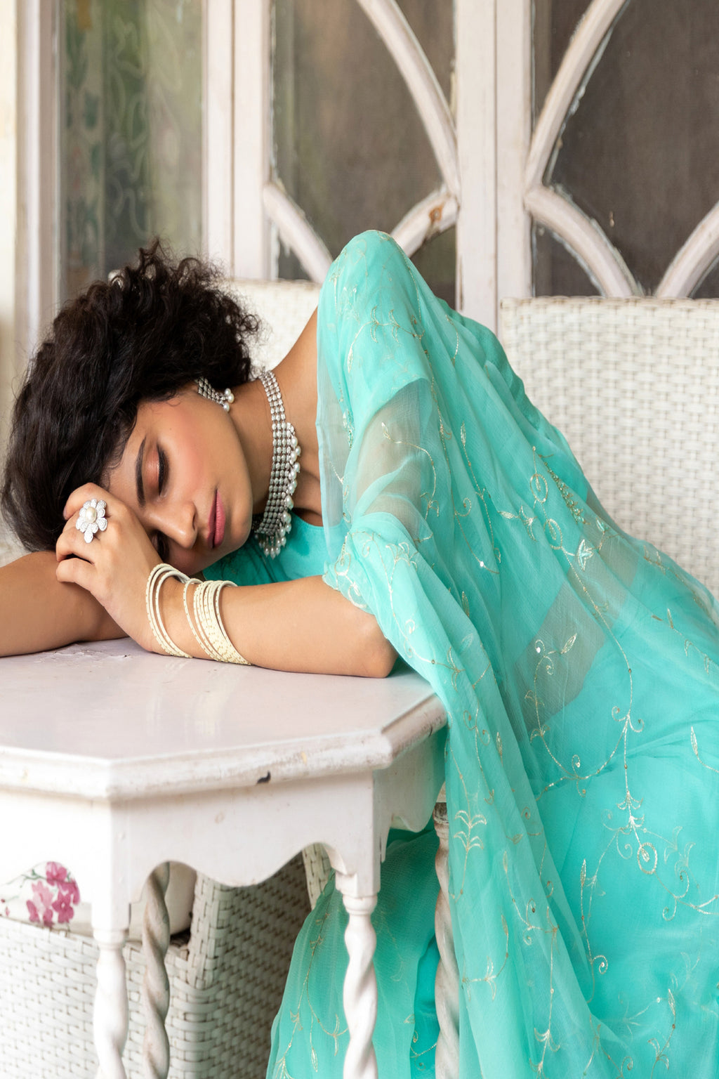 Blue Chiffon Hand Embroidered Aari Saree