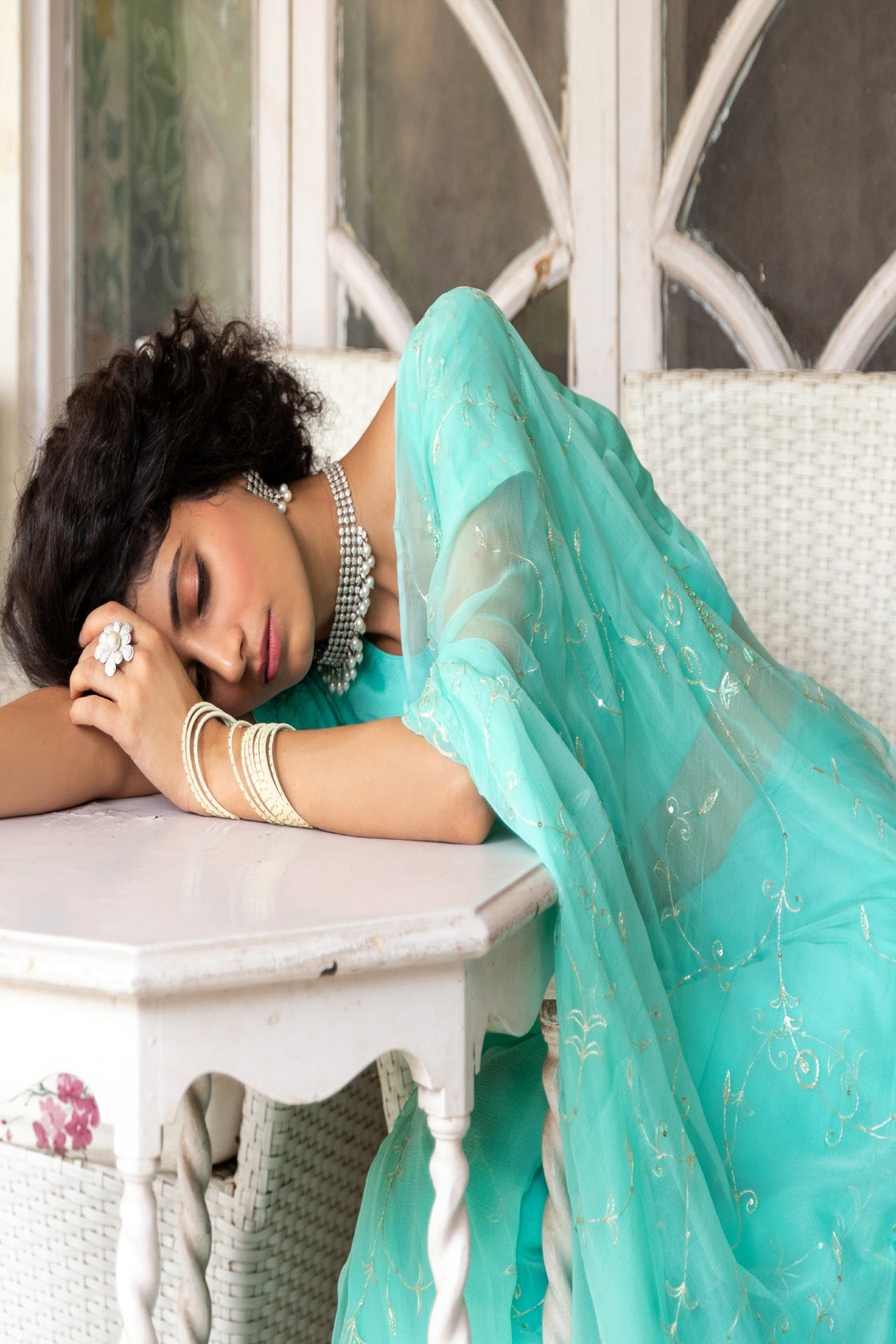 Blue Chiffon Hand Embroidered Aari Saree