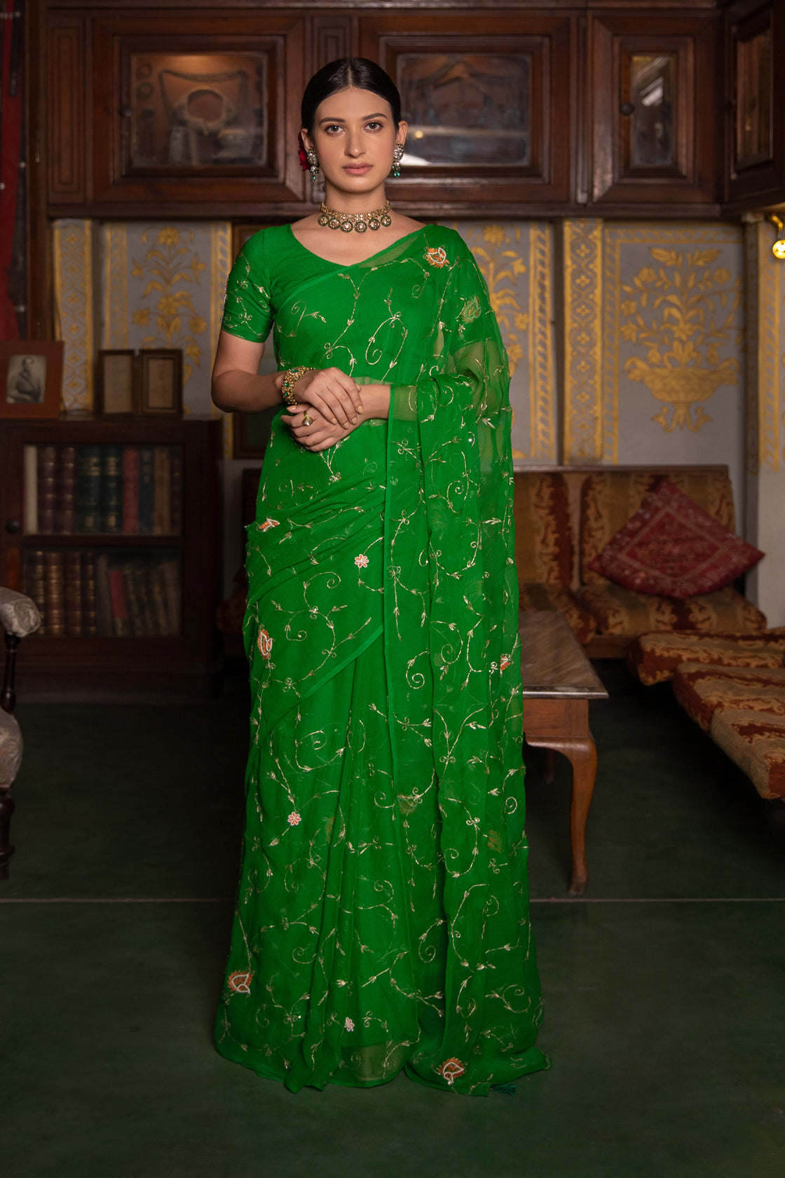 Gungun Uprari in Dark Green Hand Embroidered Chiffon Saree