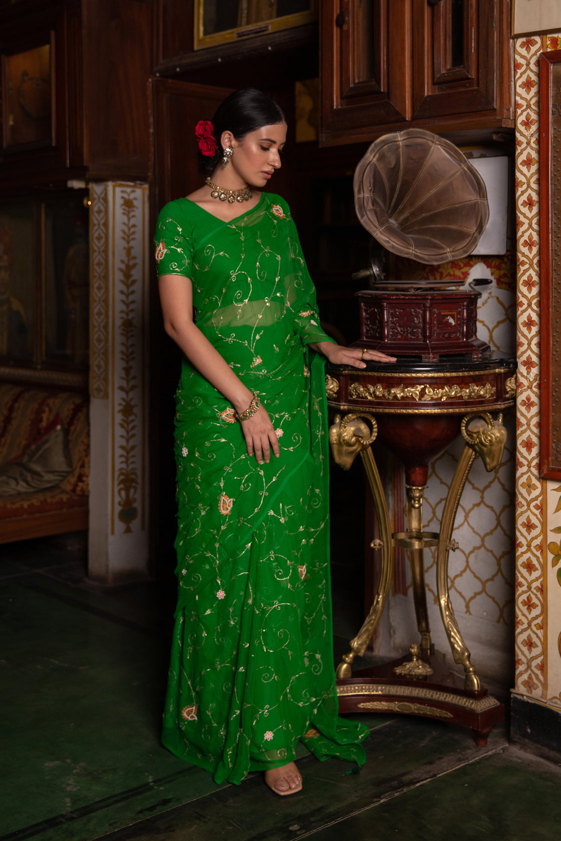 Gungun Uprari in Dark Green Hand Embroidered Chiffon Saree