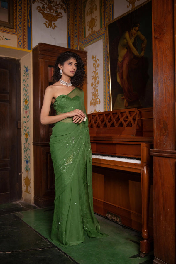 Green Hand Embroidered Mukaish net-patch Chiffon Saree