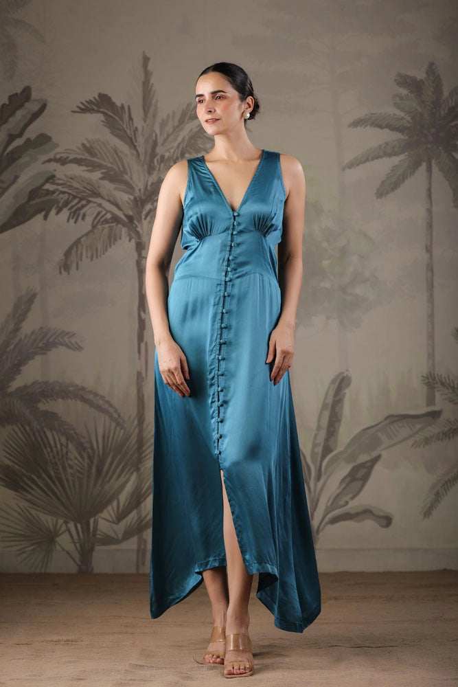 Teal Blue Dress with Hand Painted Black Scarf