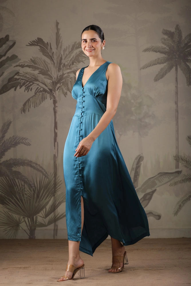 Teal Blue Dress with Hand Painted Black Scarf
