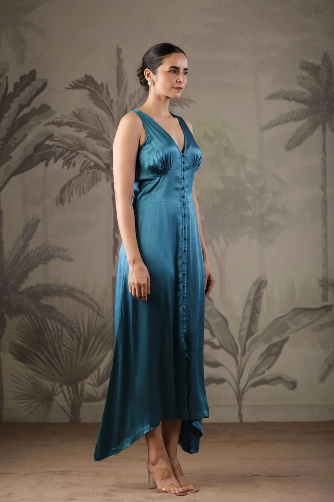 Teal Blue Dress with Hand Painted Black Scarf