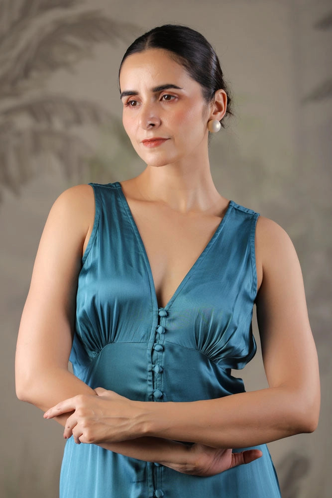 Teal Blue Dress with Hand Painted Black Scarf