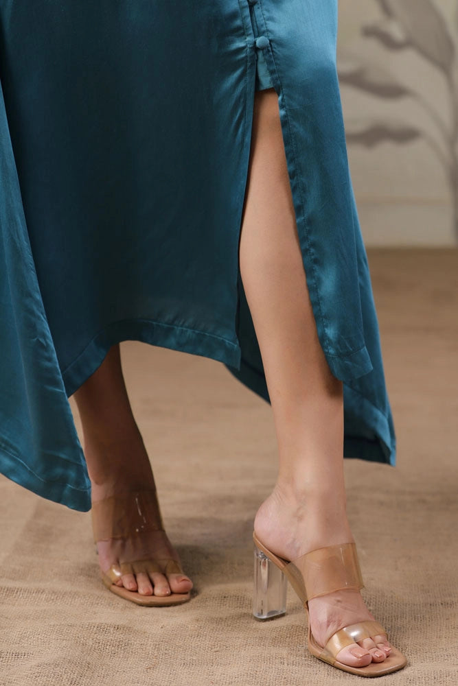 Teal Blue Dress with Hand Painted Black Scarf