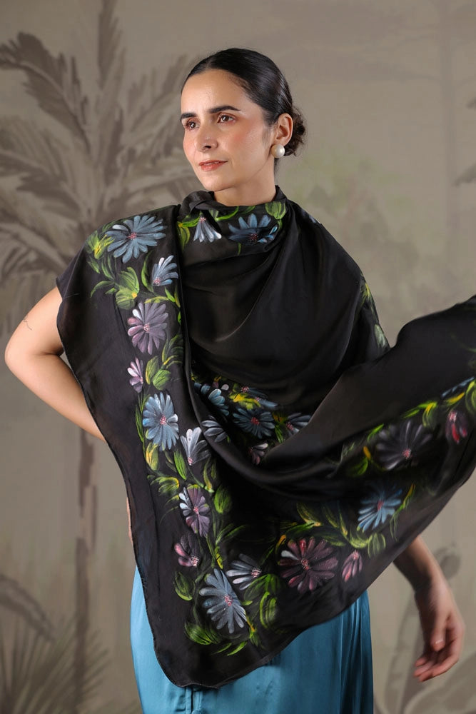 Teal Blue Dress with Hand Painted Black Scarf