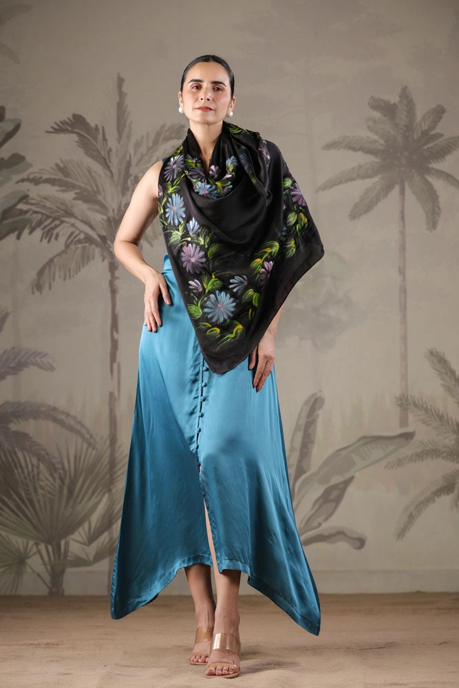 Teal Blue Dress with Hand Painted Black Scarf