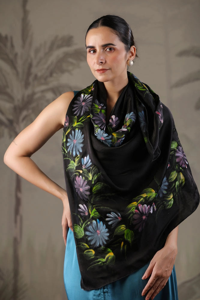 Teal Blue Dress with Hand Painted Black Scarf