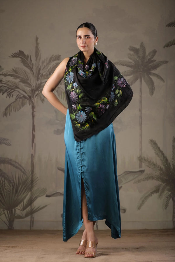 Teal Blue Dress with Hand Painted Black Scarf